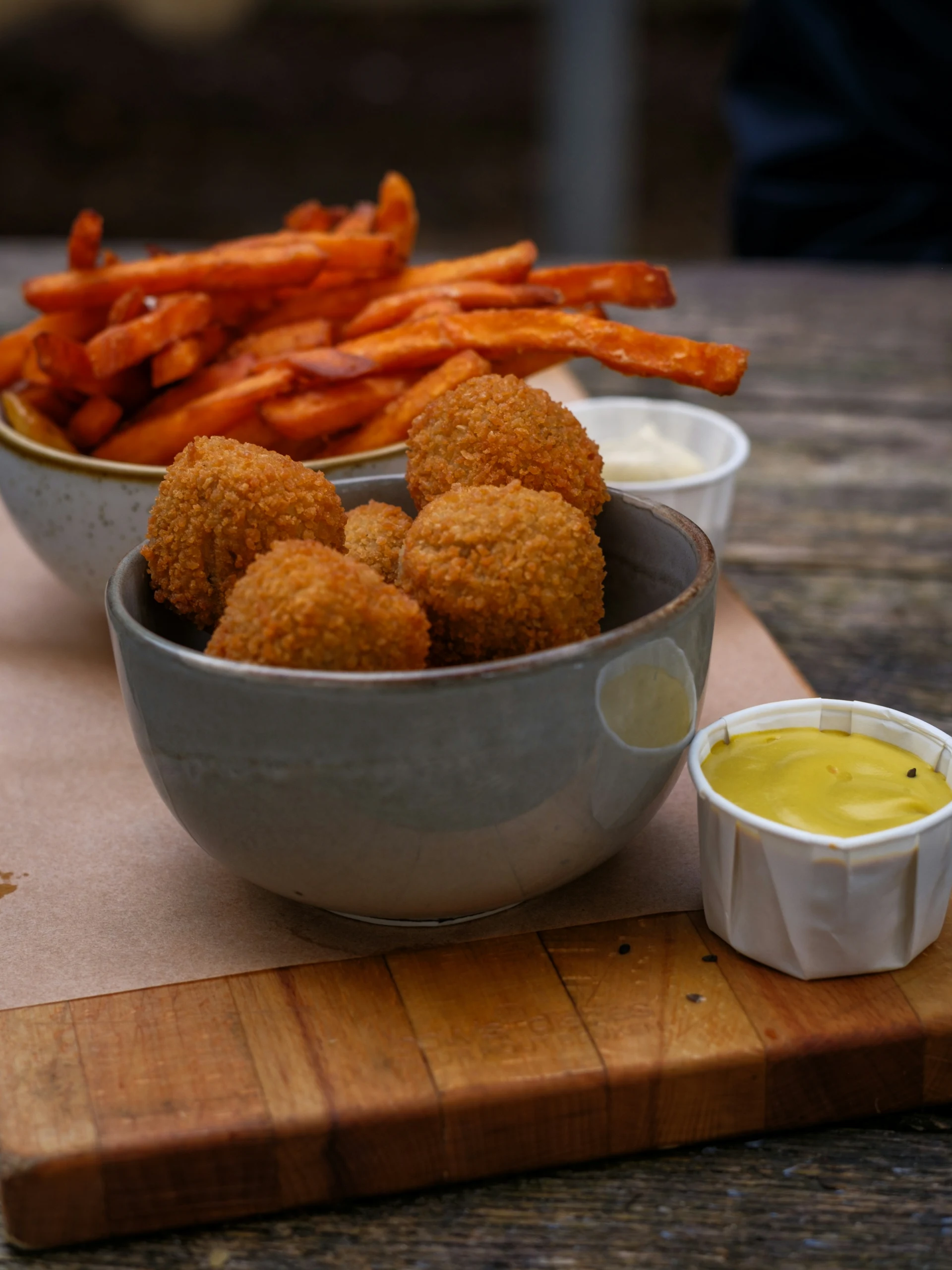 Bowls of Dutch fries and bitterballen